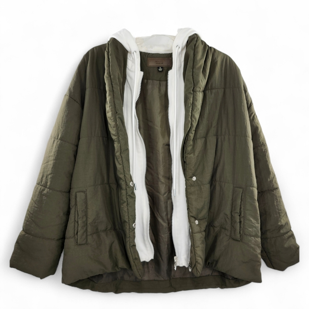 Blank NYC Fair Shake Olive Green Puffer Jacket White Cotton Removeable Hoodie - Picture 6 of 14
